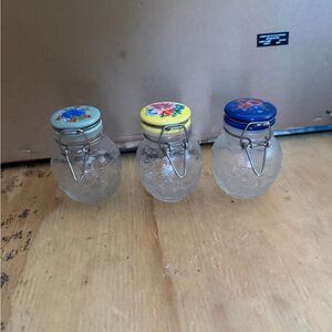 Pioneer woman Set of 3 mini Decorated Glass Jars with Colorful Lids -